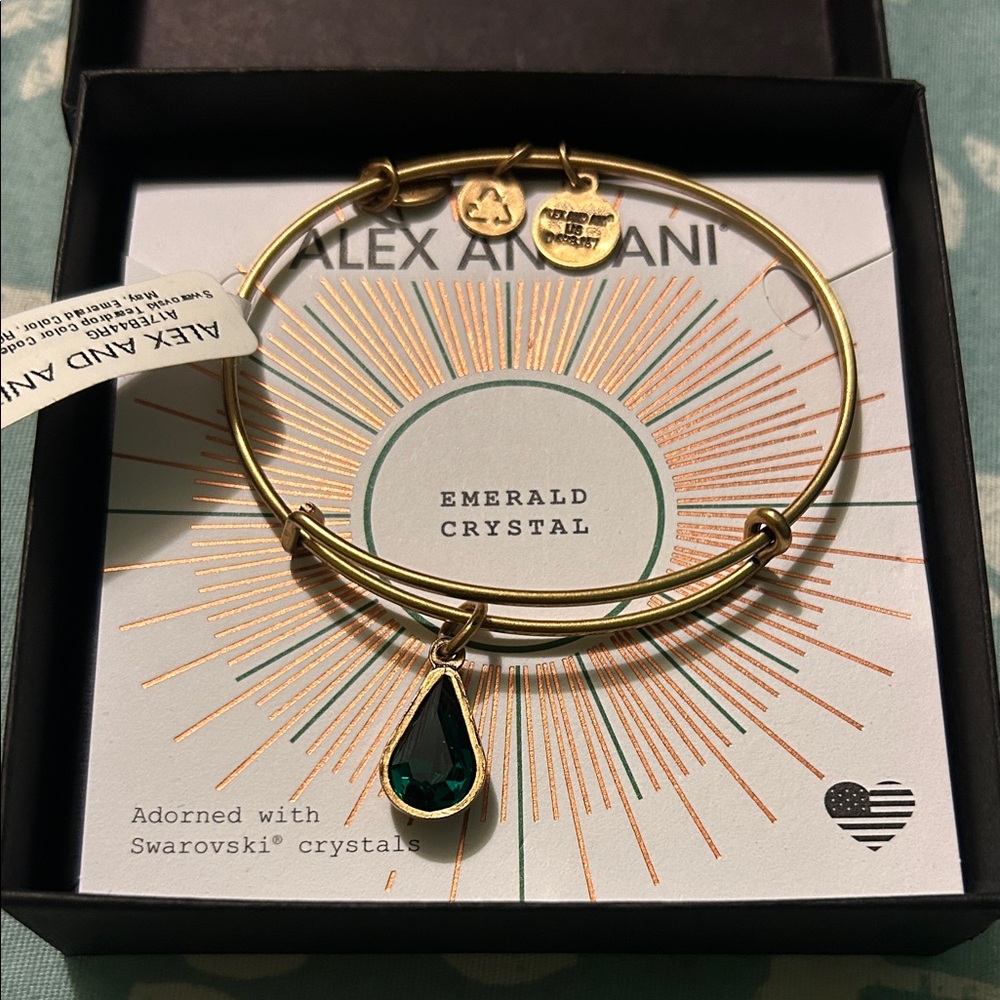 Alex and Ani Gold Bracelet with Teardrop Swarovski Emerald Crystal